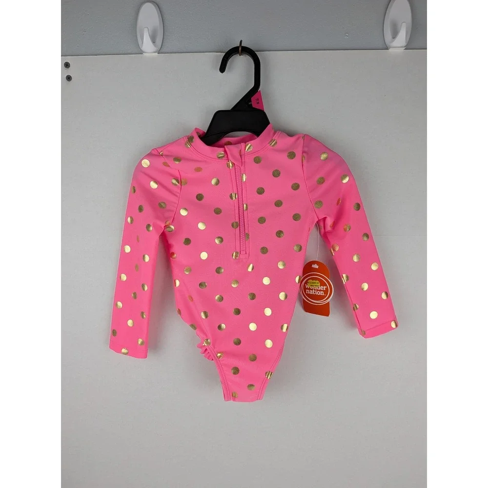 Wonder Nation Baby Toddler Girl Pink Gold Polka‎ Dot Long Sleeve Swimsuit 18M
